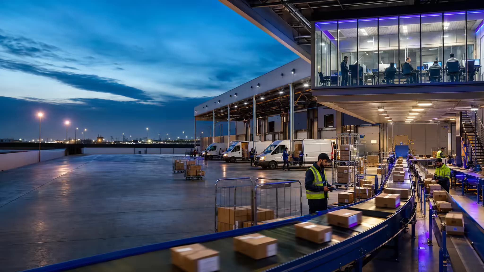 Parcel operations hub with sorting, docks, vehicles and control room