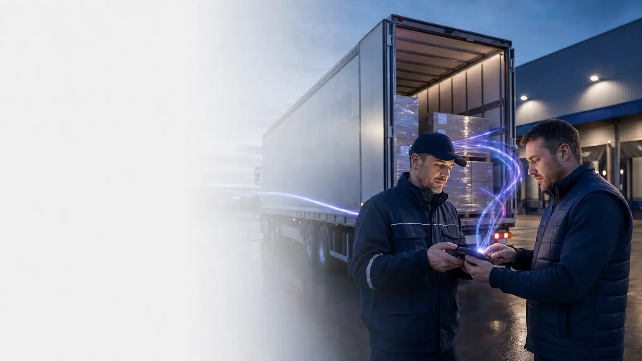 Drivers checking mobile evidence beside a delivery vehicle
