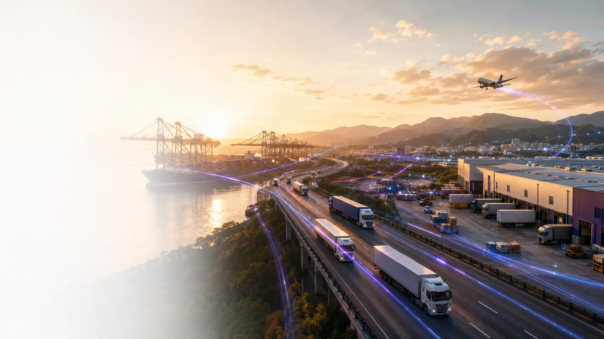 Chaîne logistique connectée entre port, route, entrepôt et fret aérien