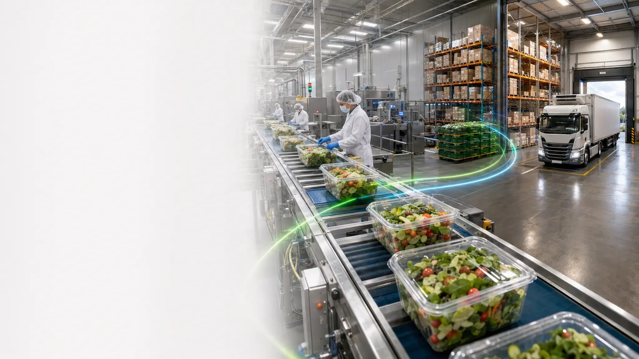 Chaîne agroalimentaire reliant production, entrepôt frigorifique et transport