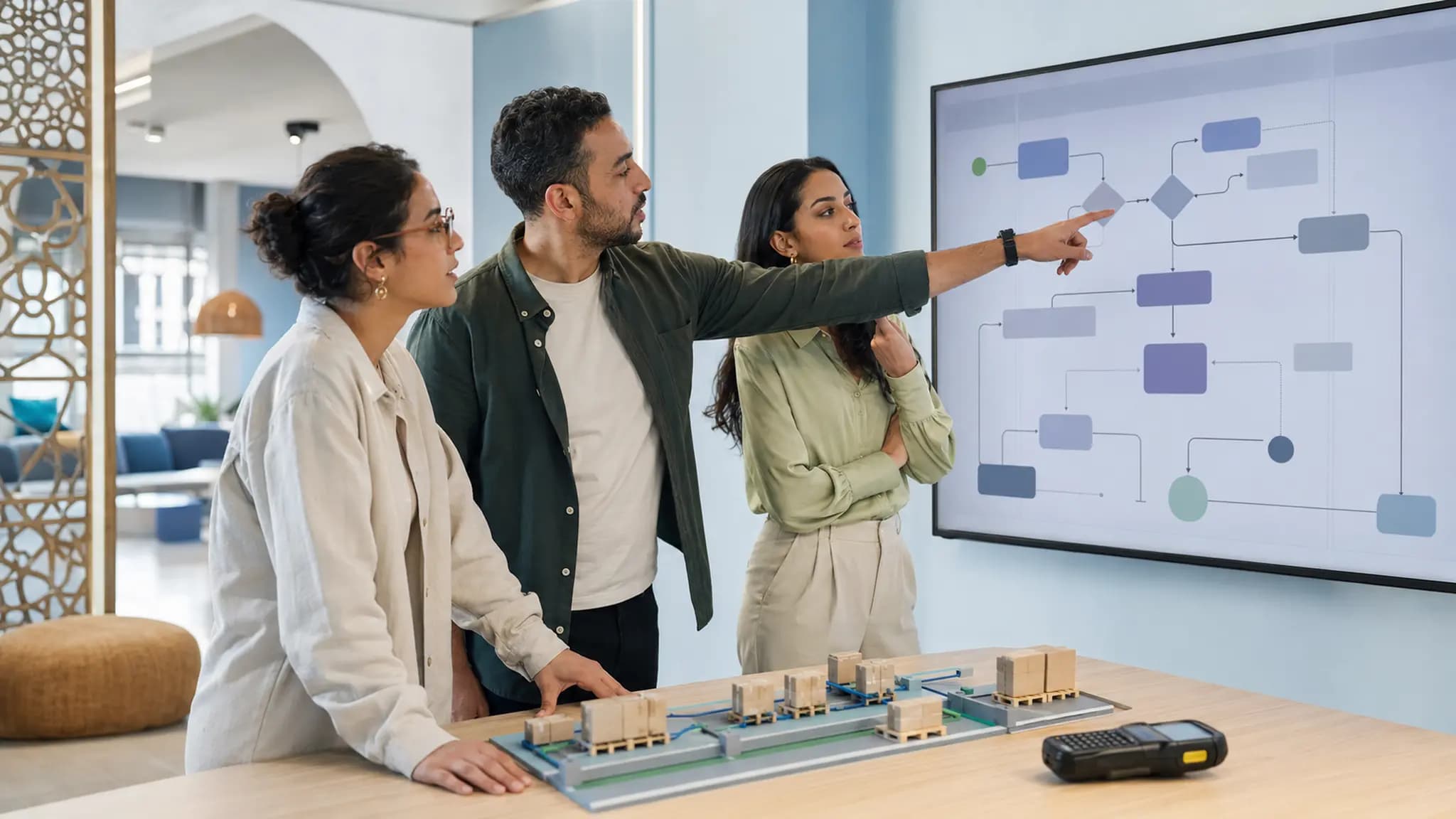 Three colleagues review a logistics flow on a screen
