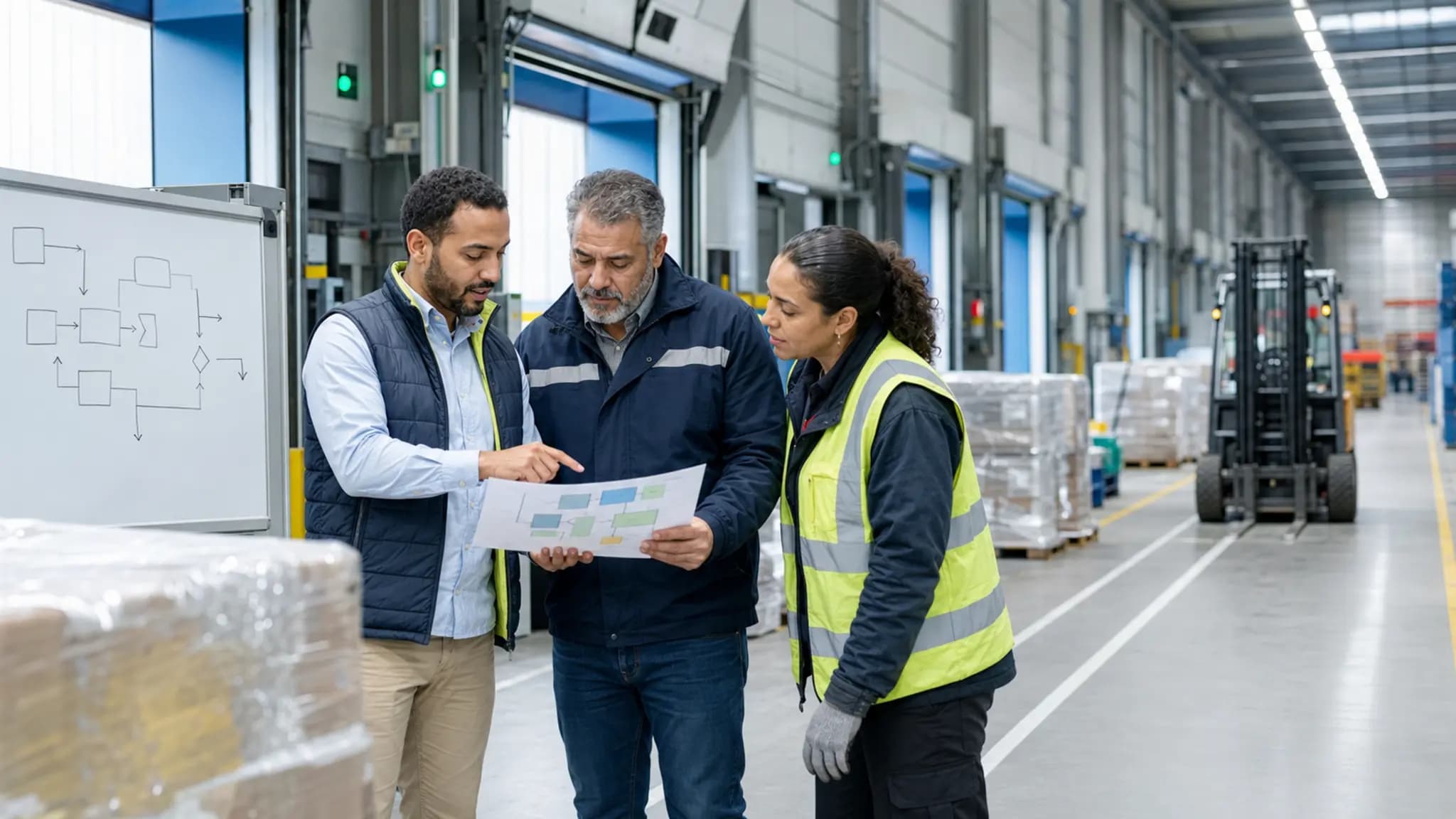 A logistics team reviews a plan in a warehouse