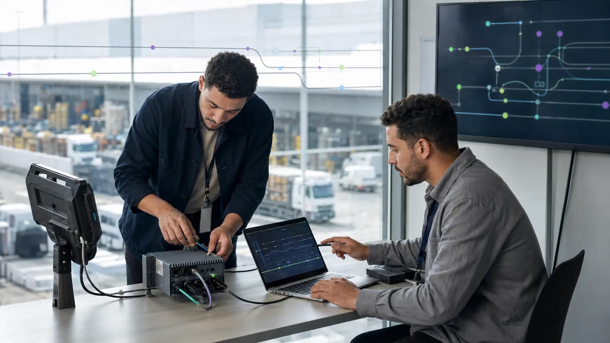 Two colleagues configure industrial equipment