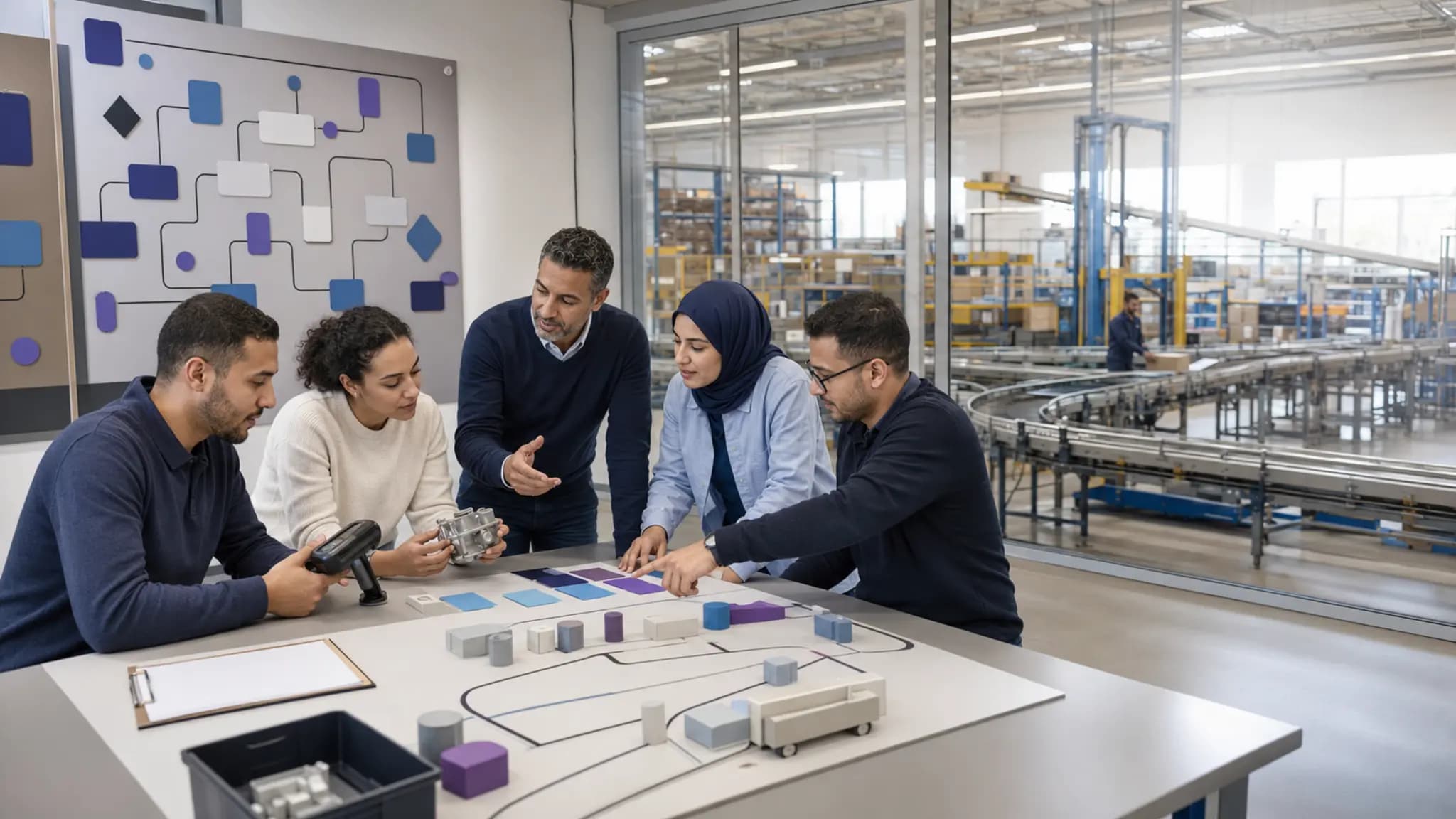 Five colleagues review a flow model beside a production floor