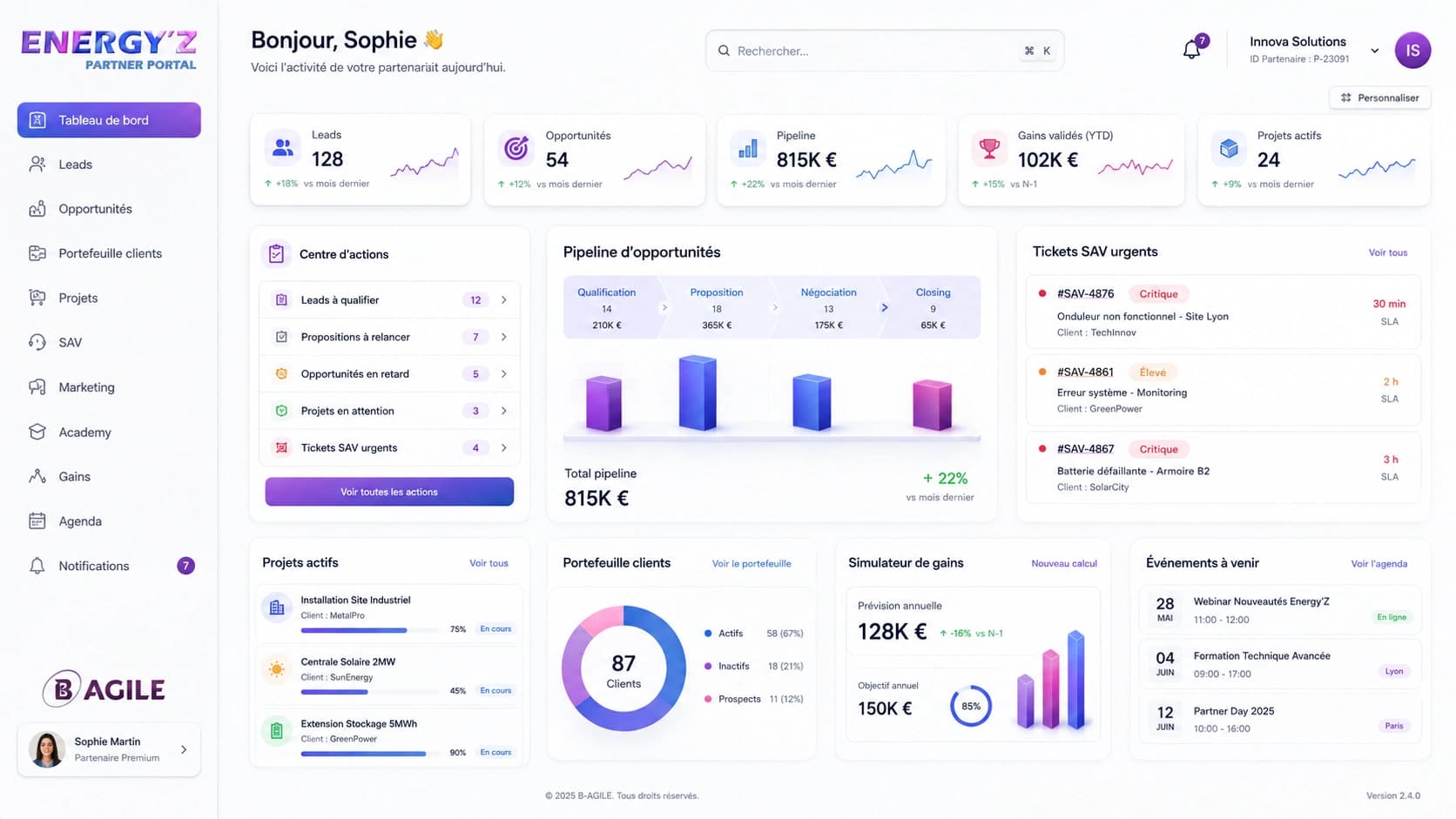 ENERGY’Z partner-portal dashboard design: KPIs, opportunity pipeline, support tickets, active projects and earnings simulator.